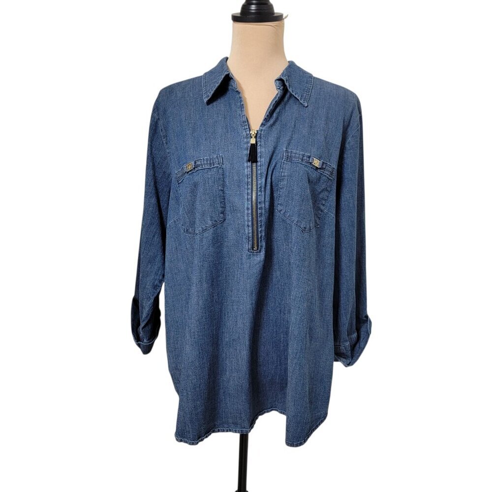 Anne Klein Size 1X Blue Denim Lightweight Shirt Blouse, 1/4 Zip Front